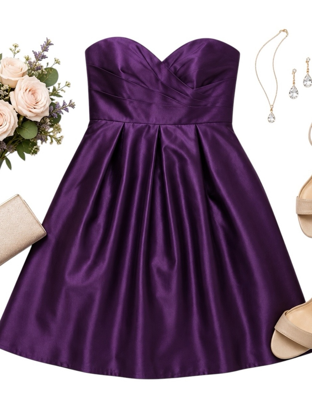 Bill Levkoff Purple Satin Strapless Sweetheart Dress Size 10 Formal Wedding EUC